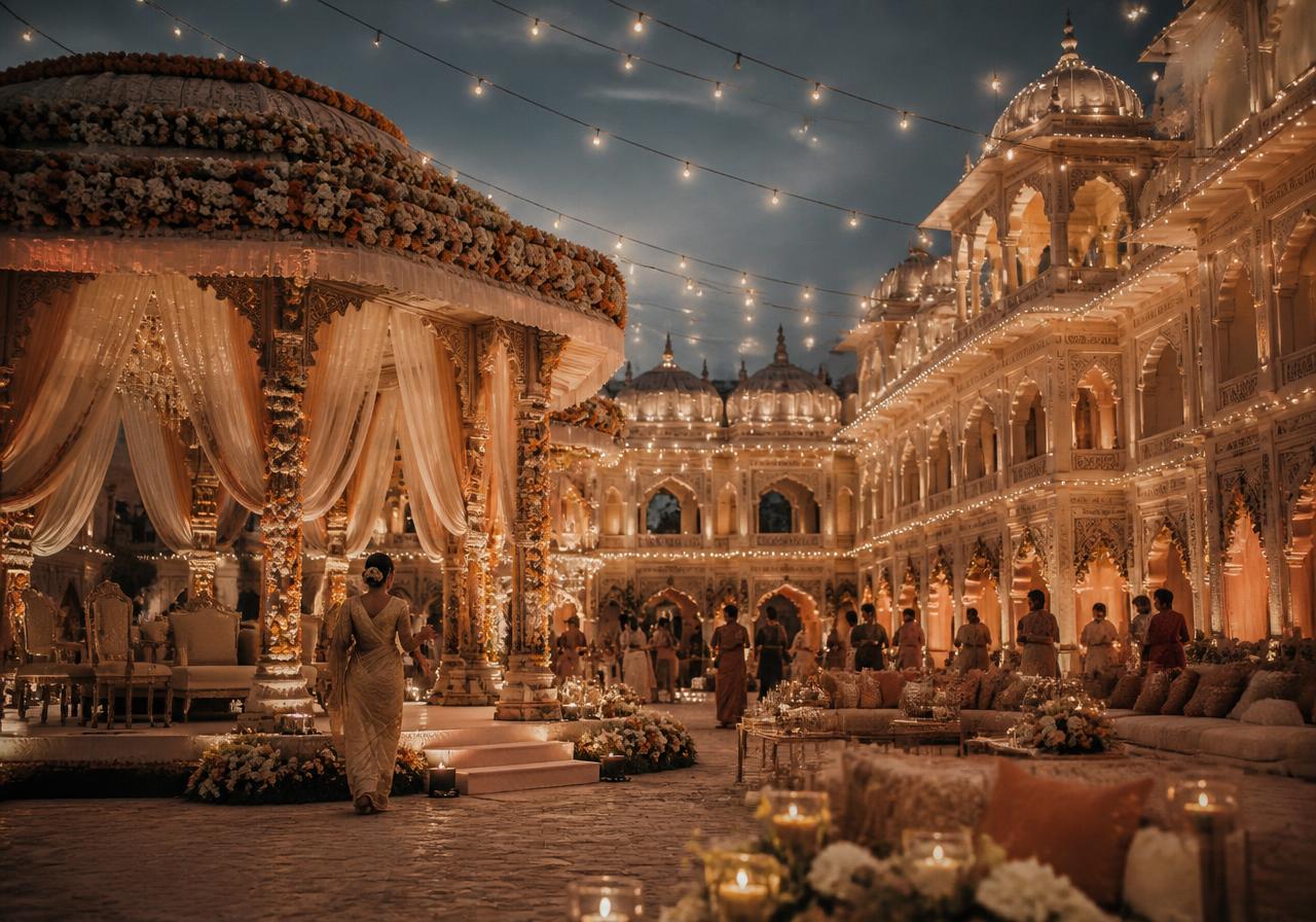 Wedding venue illuminated at dusk